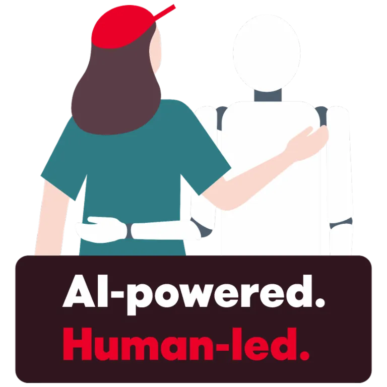 Uma ilustração mostra uma pessoa colocando o braço amigavelmente ao redor de um robô. Abaixo está o texto "AI-powered. Human-led.", simbolizando a colaboração entre humanos e inteligência artificial.