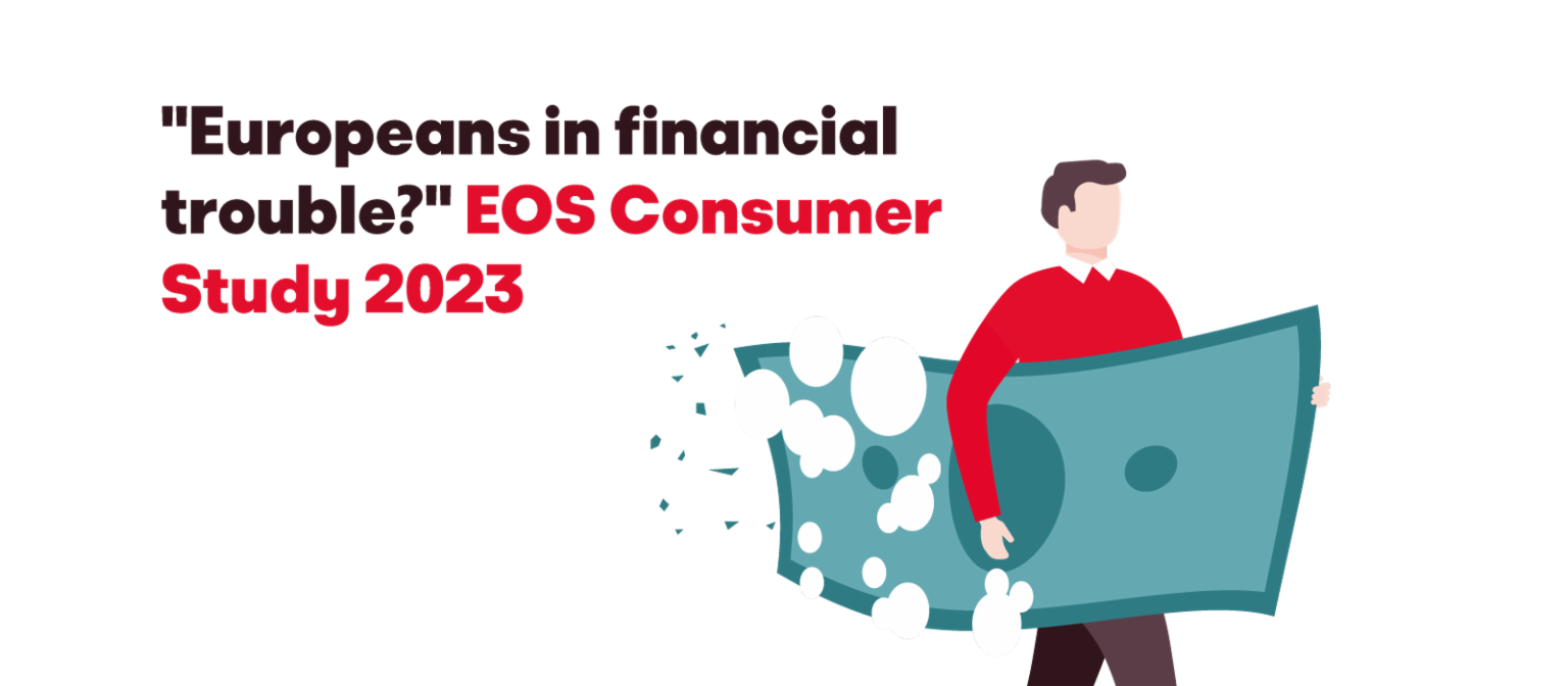 Ilustração de um homem carregando uma grande nota bancária em dissolução, com o texto 'Europeus em dificuldades financeiras? EOS Consumer Study 2023'.