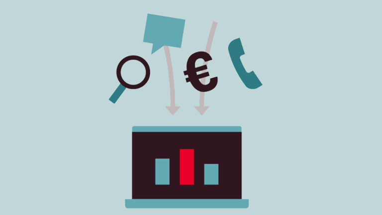 An illustration shows a stylized laptop computer with a graph displayed on its screen. Above the laptop are symbols representing data sources: a magnifying glass, a speech bubble, a Euro symbol (€), and a telephone handset. Arrows point downwards from these symbols towards the laptop, suggesting data flowing into it. The laptop is set against a cloud-shaped white backdrop, implying cloud computing or data storage. The background is a light blue.