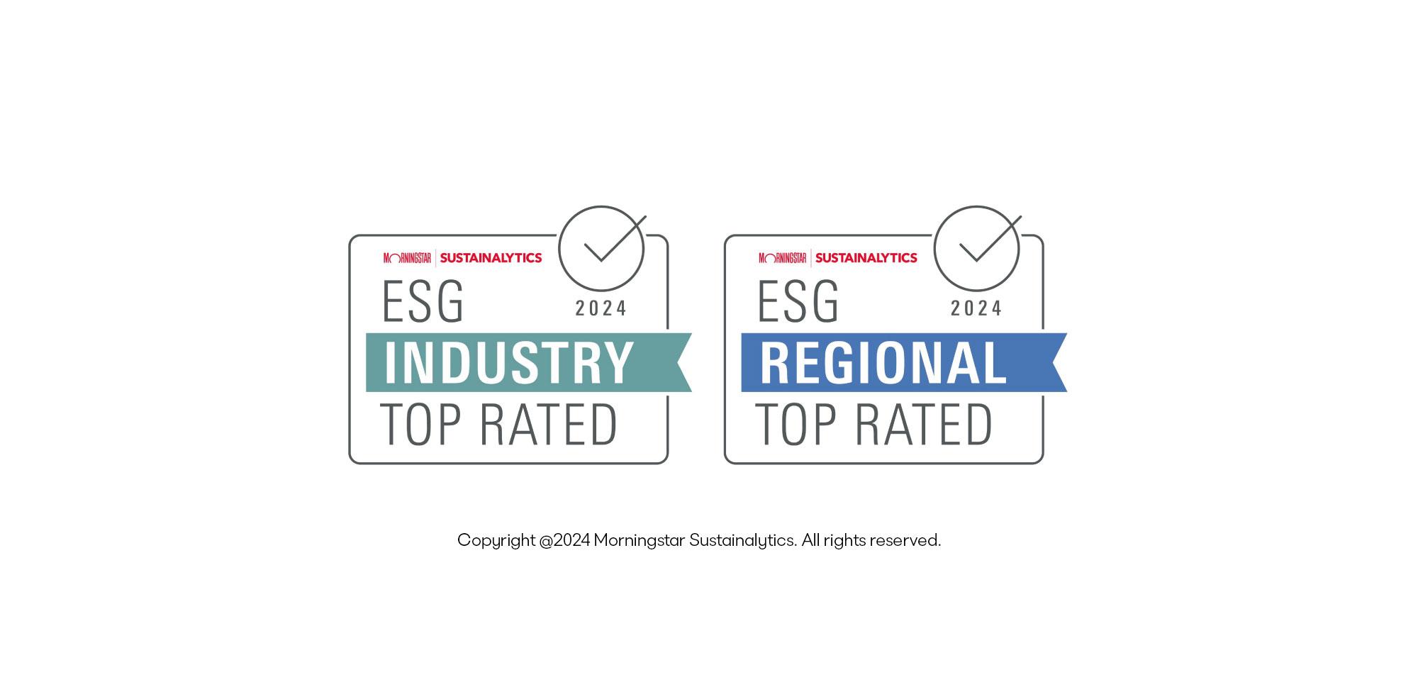Distintivos: Melhor classificado na indústria em ESG & Melhor classificado regionalmente em ESG<br/>Copyright @2024 Morningstar Sustainalytics. Todos os direitos reservados