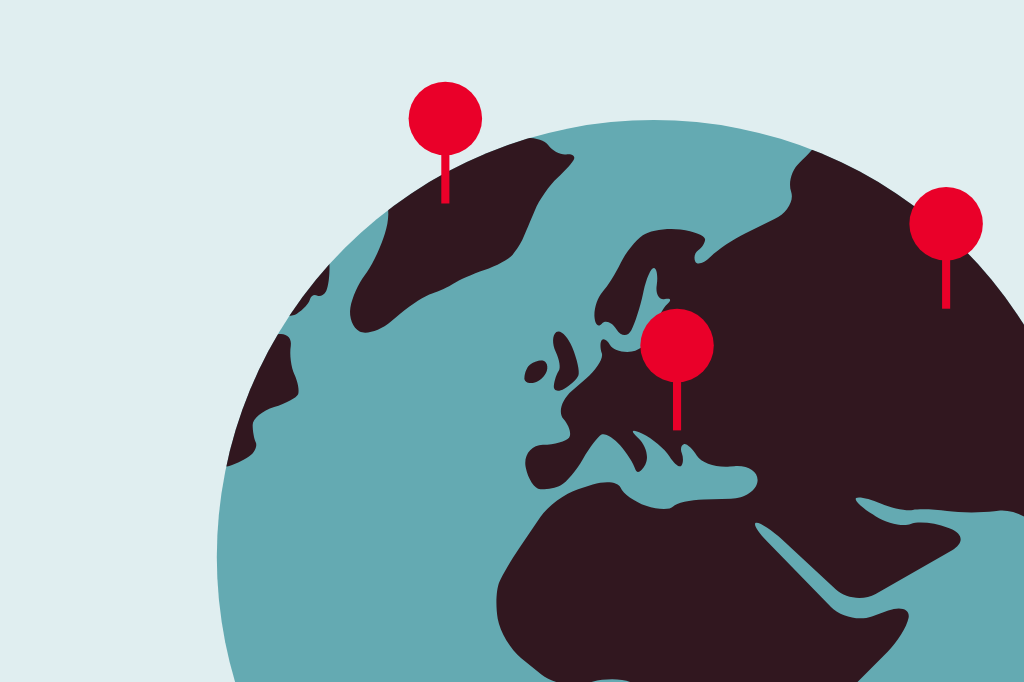 Ilustração estilizada de um globo com vários pinos vermelhos distribuídos por diferentes países